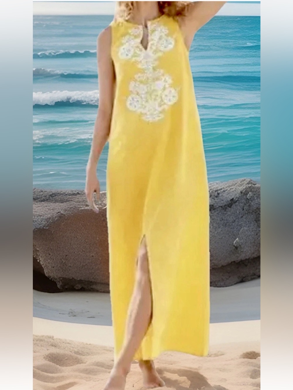 Soft Surroundings Dress S Yellow Daydream Maxi Embroidered Linen Blend Pockets